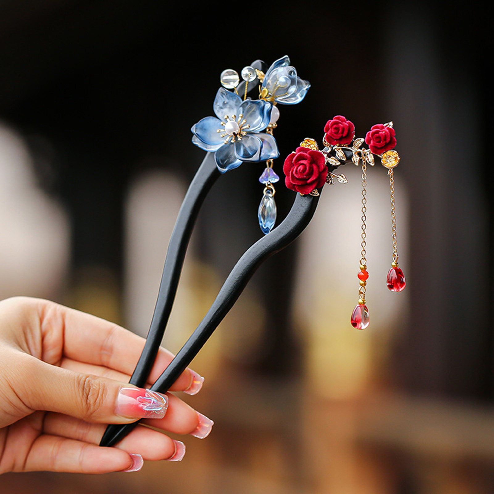 Board Game Go - 中国風の花のタッセルヘアピンヴィンテージ木製花柄パールヘアスティック絶妙なエレガントなヘアクリップ女の子のヘアアクセサリー