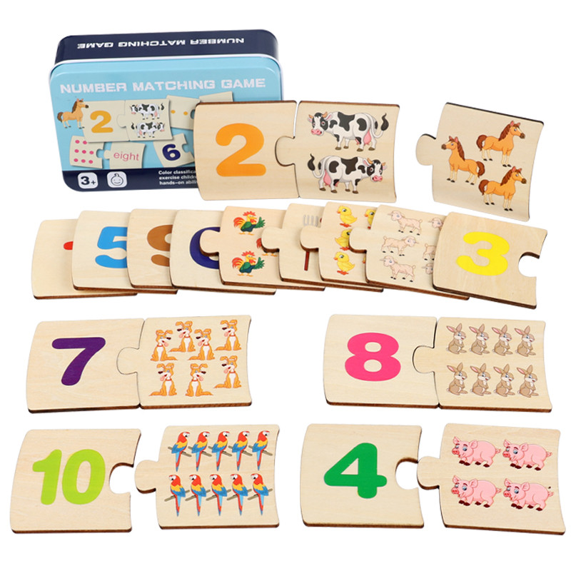 Board Game Idea - 子供向け鉄箱ナンバー啓発ペアリング木製動物フードパズルボード論理的思考トレーニングゲーム知育玩具