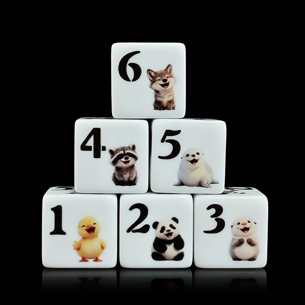 Board Game Print - 12個入り 16MM D6 アクリル製プリントダイス かわいい漫画の動物柄 DND