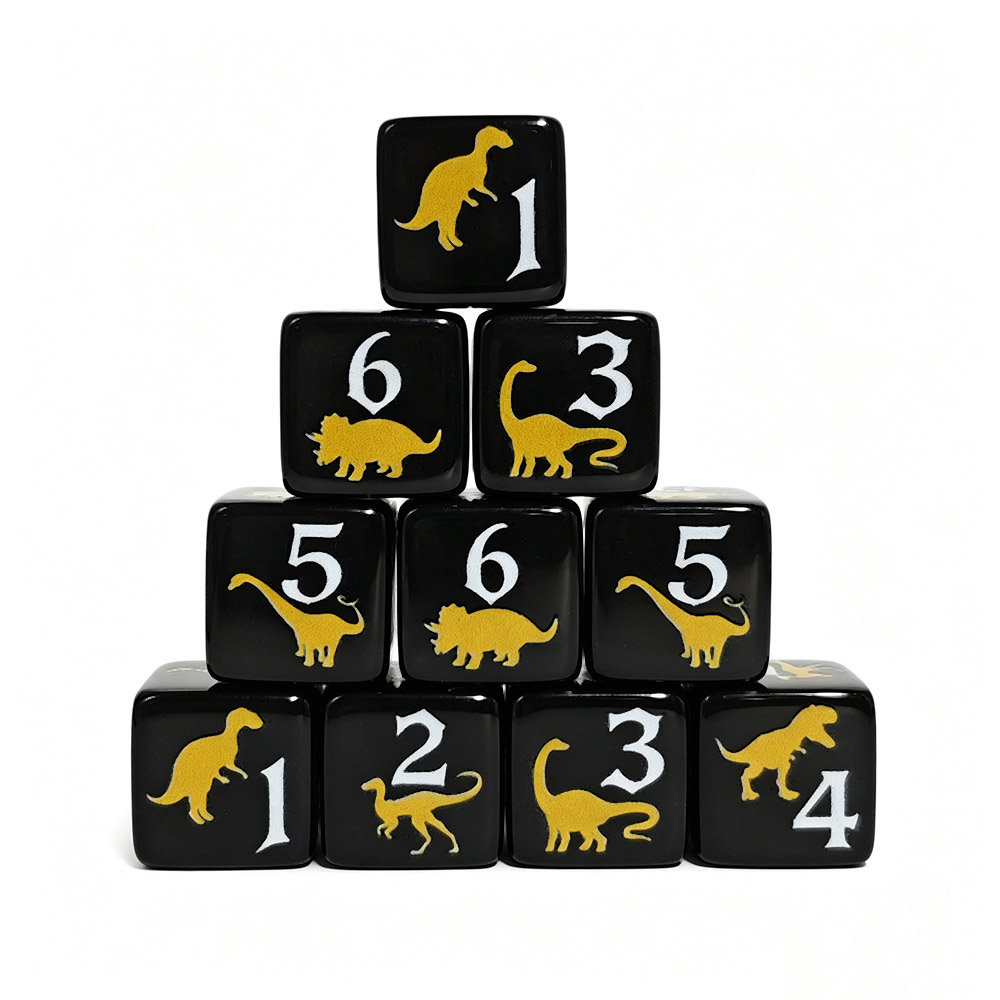 12個入り黒と黄色の恐竜アクリルダイス、16mm白数字ダイス - Board Game Print のレビューと価格
