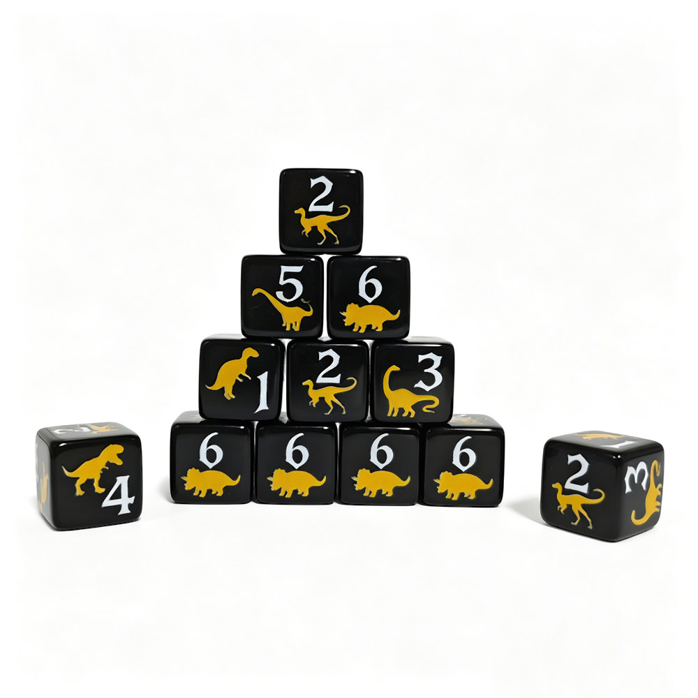 12個入り黒と黄色の恐竜アクリルダイス、16mm白数字ダイス - Board Game Print のレビューと価格