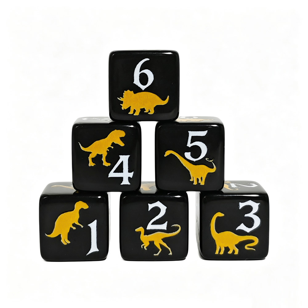 12個入り黒と黄色の恐竜アクリルダイス、16mm白数字ダイス - Board Game Print のレビューと価格
